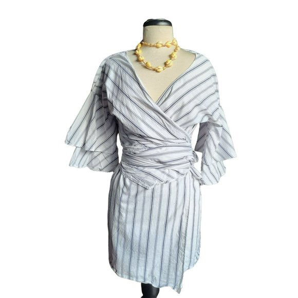 Wayf Womans White Blue Beach Beckett V-Neck Striped Wrap Dress Size Small - Picture 11 of 11